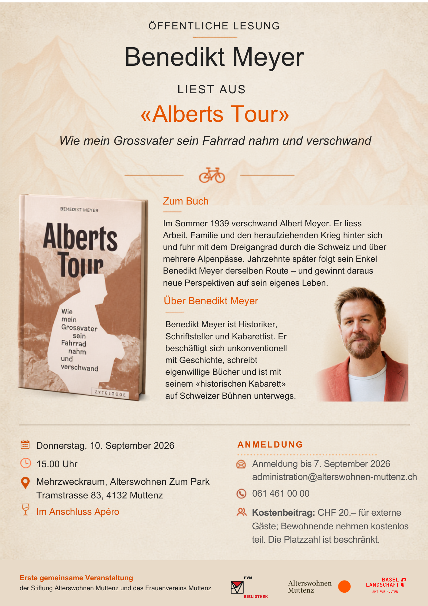 Poster announcing Benedikt Meyer reading from 'Alberts Tour' with a mountain background and a book cover on the left.