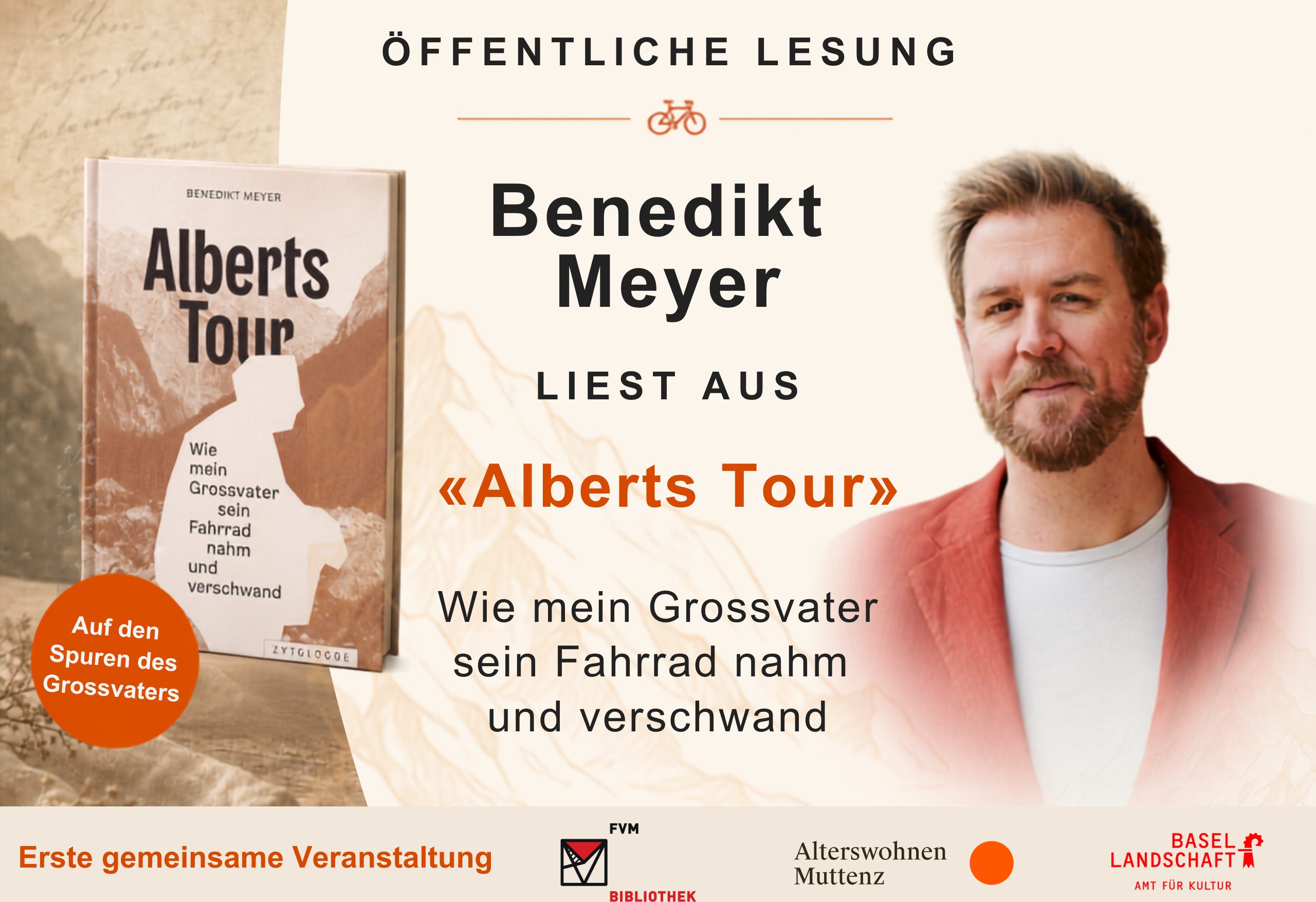 Poster announcing Benedikt Mayer's public reading, 'Albert’s Tour,' showing a man in a red jacket on the right and a book on the left.